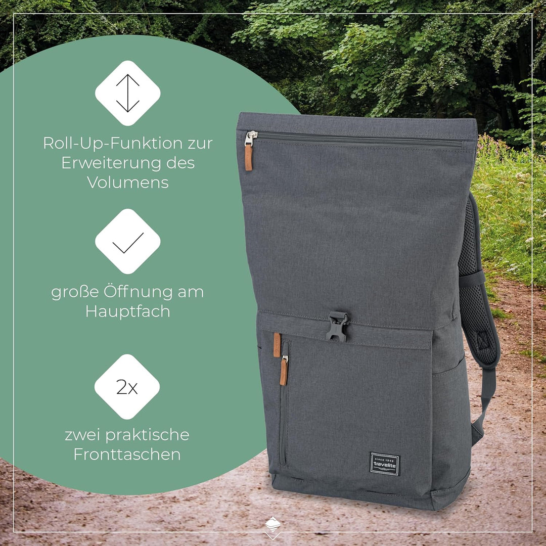 Travelite Handgepäck Rucksack, Laptop Rucksack 15,6 Zoll, BASICS, Reiserucksack Rolltop Funktion, 60