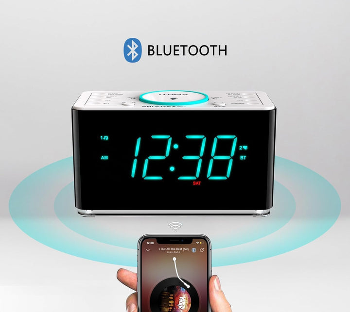 Radiowecker mit USB-Ladegerät, Bluetooth-Lautsprecher, Kabelloses Laden, Dual Wecker, LED Nachtlicht