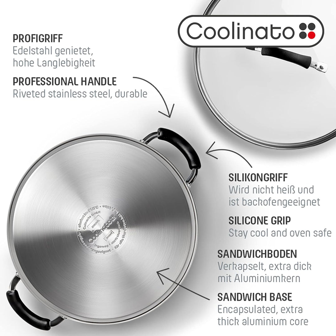 Coolinato Schmorpfanne Edelstahl 28cm beschichtet Schmortopf inkl. Glasdeckel, Bräter für Gas Ceran
