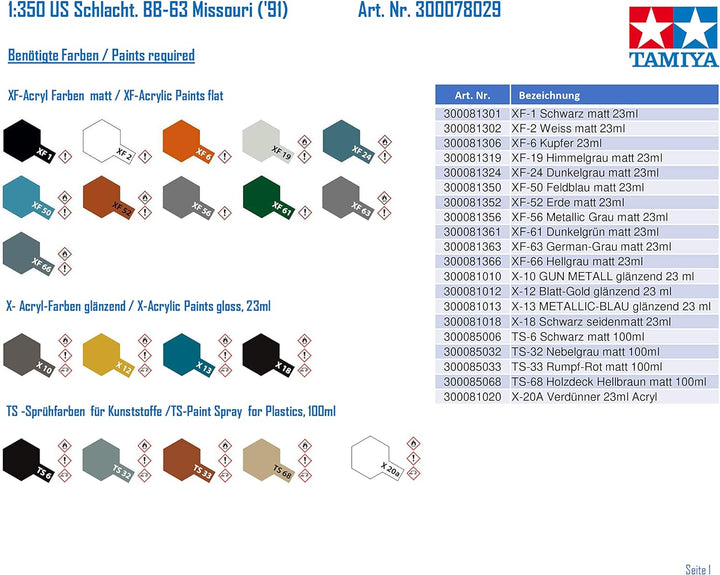 Tamiya 300078029-1:350 US Schlachtschiffs BB-63 Missouri ('91)