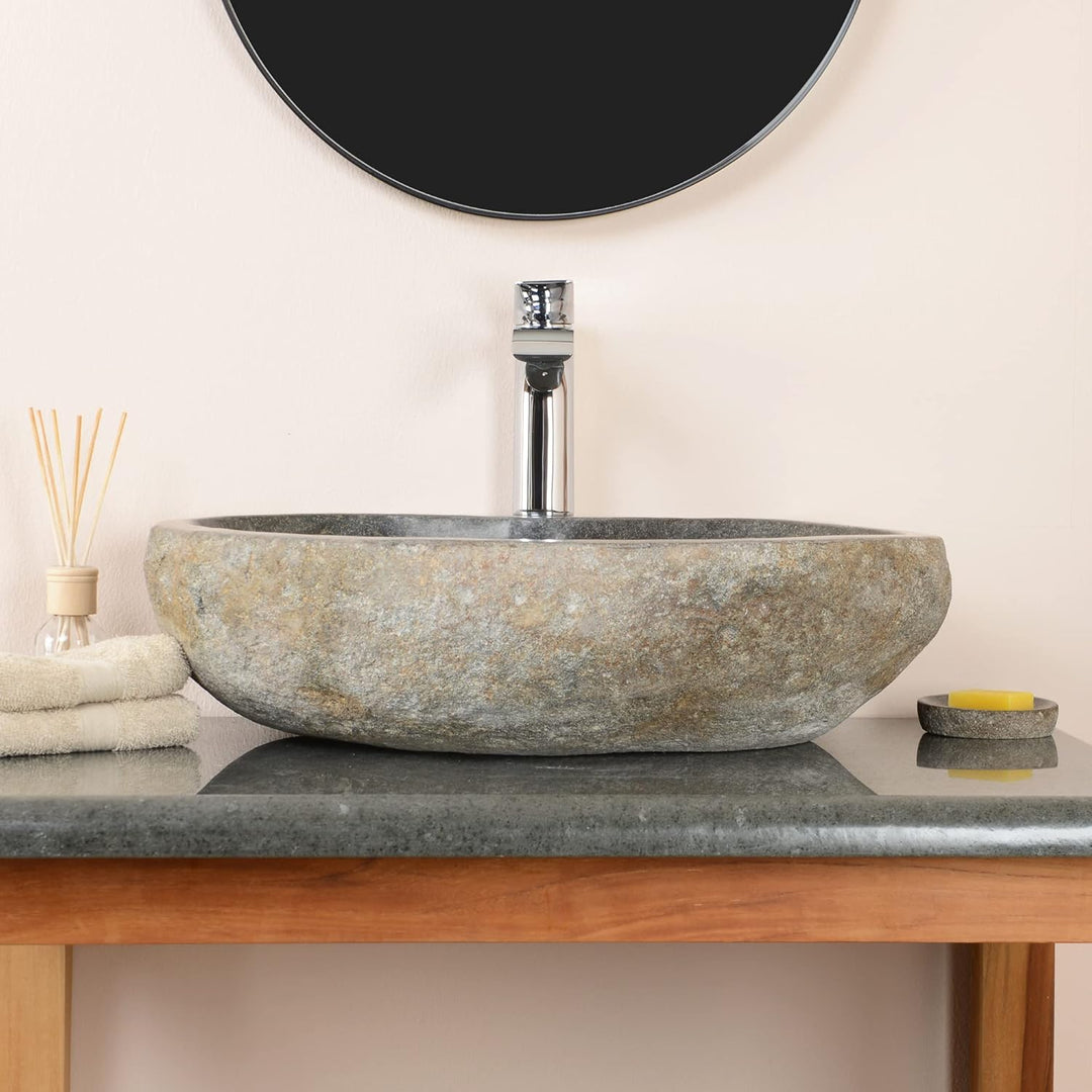 50 cm rundes Naturstein Waschbecken in grau mit Hahnloch von WOHNFREUDEN - Mit Unikatauswahl Auswahl