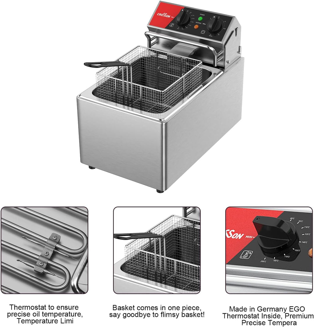 CROSSON 8L elektrische Fritteuse mit EGO-Thermostat, 30-Minuten-Timer, abnehmbarer Ölbehälter, massi