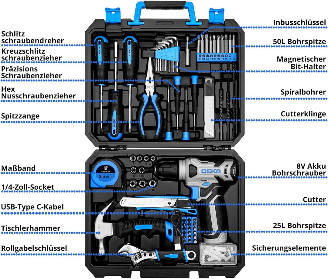 DEKO 126 Stück Elektrowerkzeug Combo Kits mit 8V Akku Bohrer, 10MM 3/8'' Keyless Chuck, Professionel