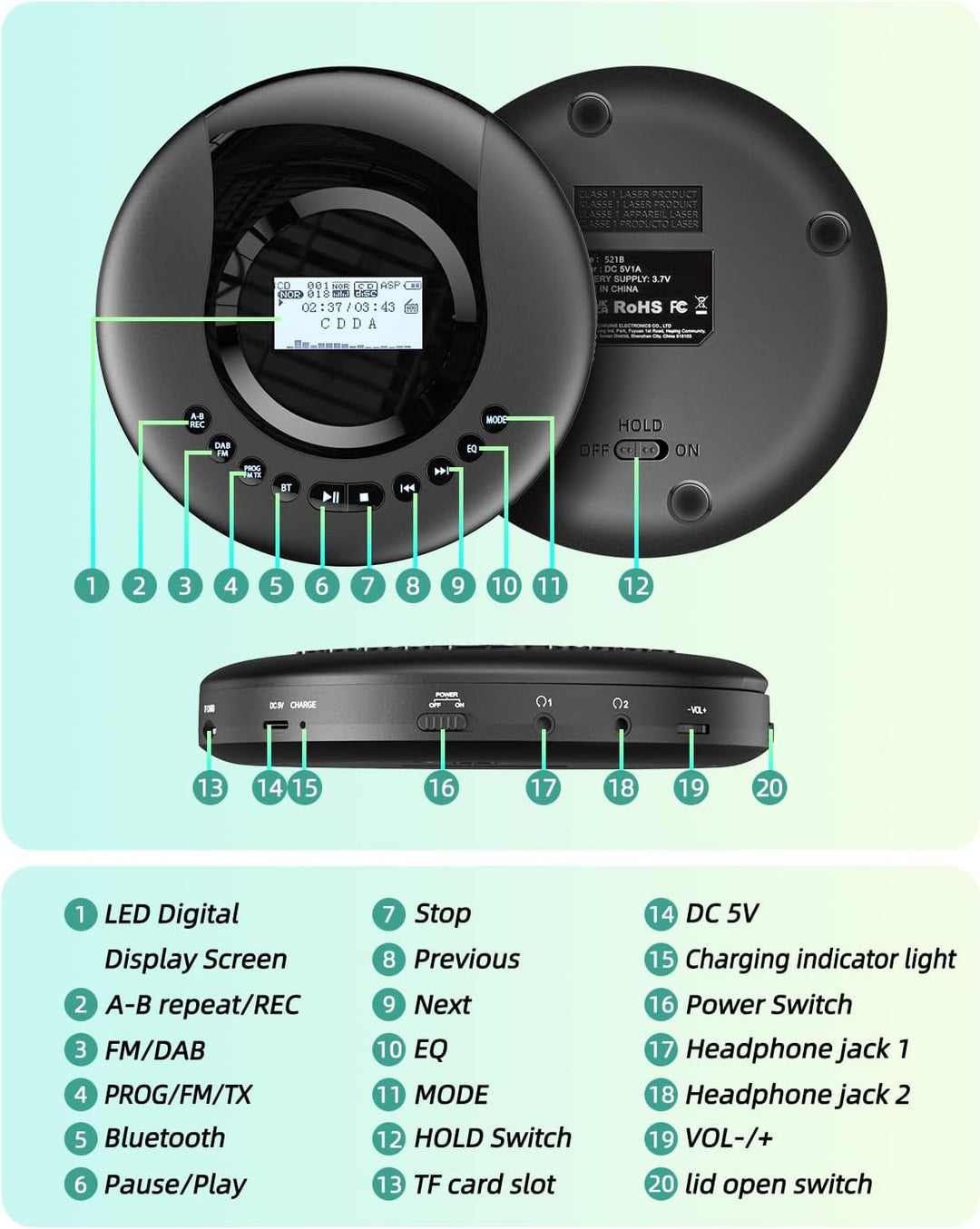 Arafuna Tragbarer CD-Player mit DAB+/UKW- Radio, CD Player Bluetooth mit Hörbuchfunktion, Discman CD