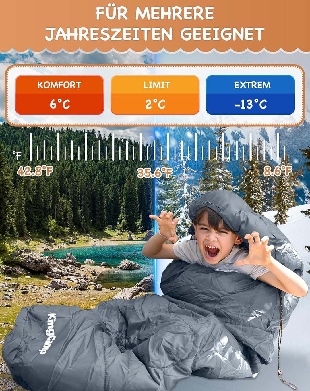 KingCamp Schlafsack Mumienschlafsäcke mit Kapuze 3-4 Jahreszeiten Warmer für Kinder & Erwachsenen be