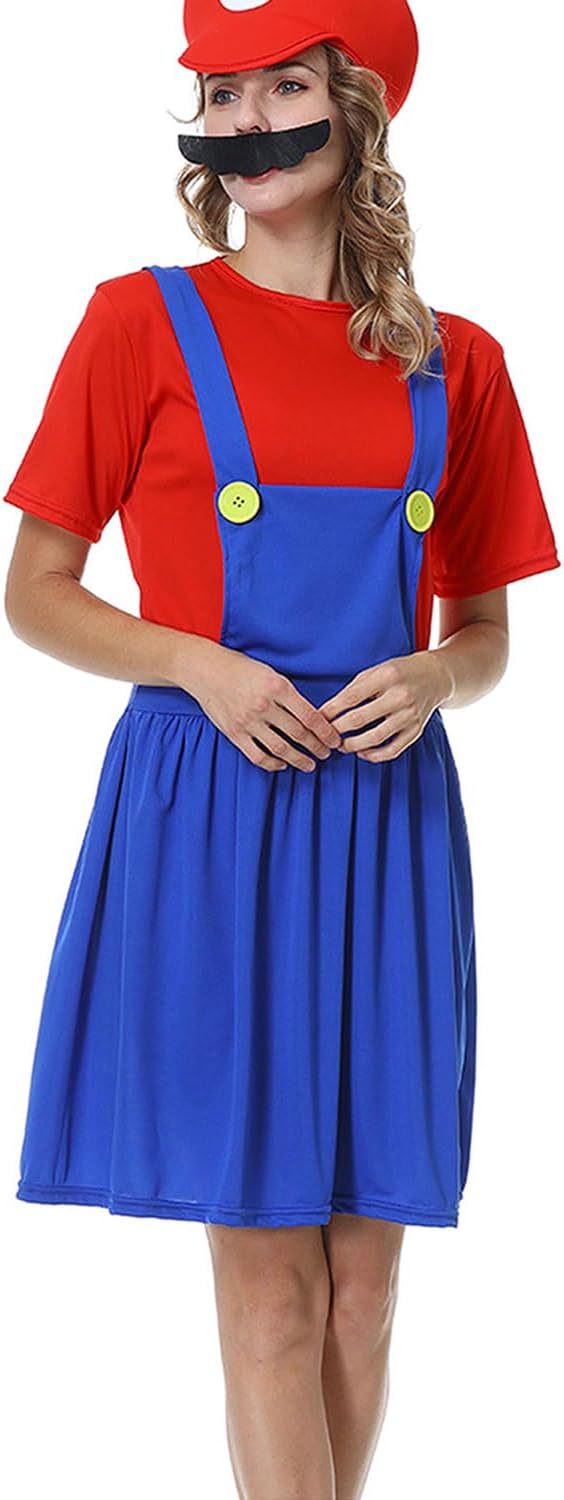 VISVIC Cosplay Kostüm Super Brothers Klempner, Kostüm mit Bodysuit, Cap und Schnurrbart, Karneval Ha