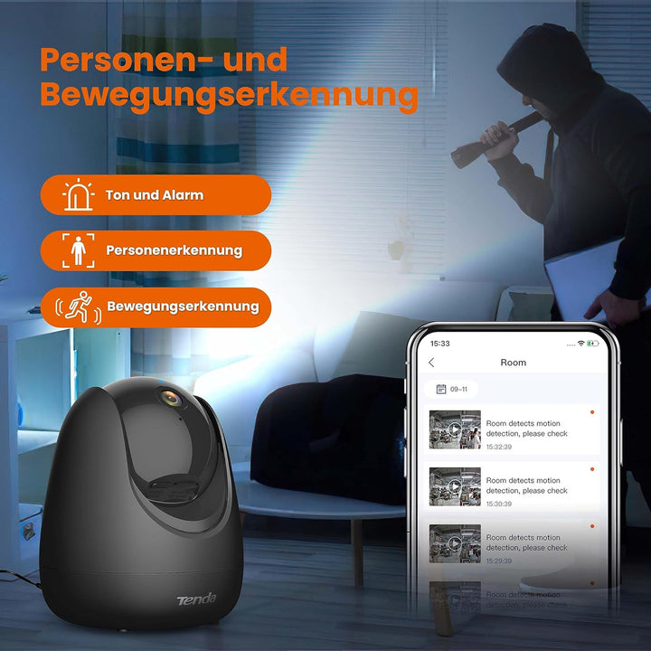 Tenda Überwachungskamera Innen CP3 V2.2, 360 Grad WLAN IP Kamera, 2-Wege-Audio, 1080P, Nachtsicht, T