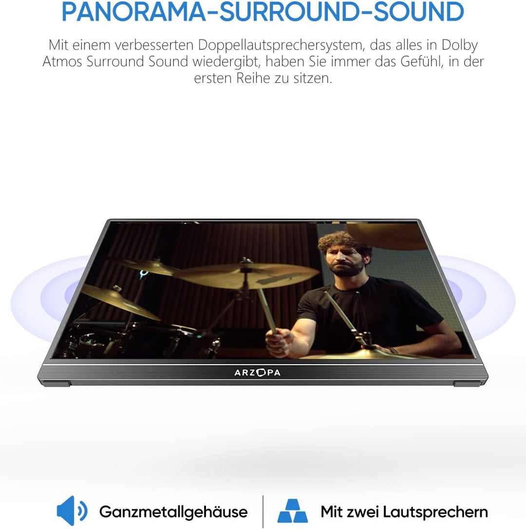 ARZOPA Portable Monitor, 15.6 Zoll Tragbarer Monitor, 1920x1080 Full HD, 100% SRGB IPS Externer Mobi