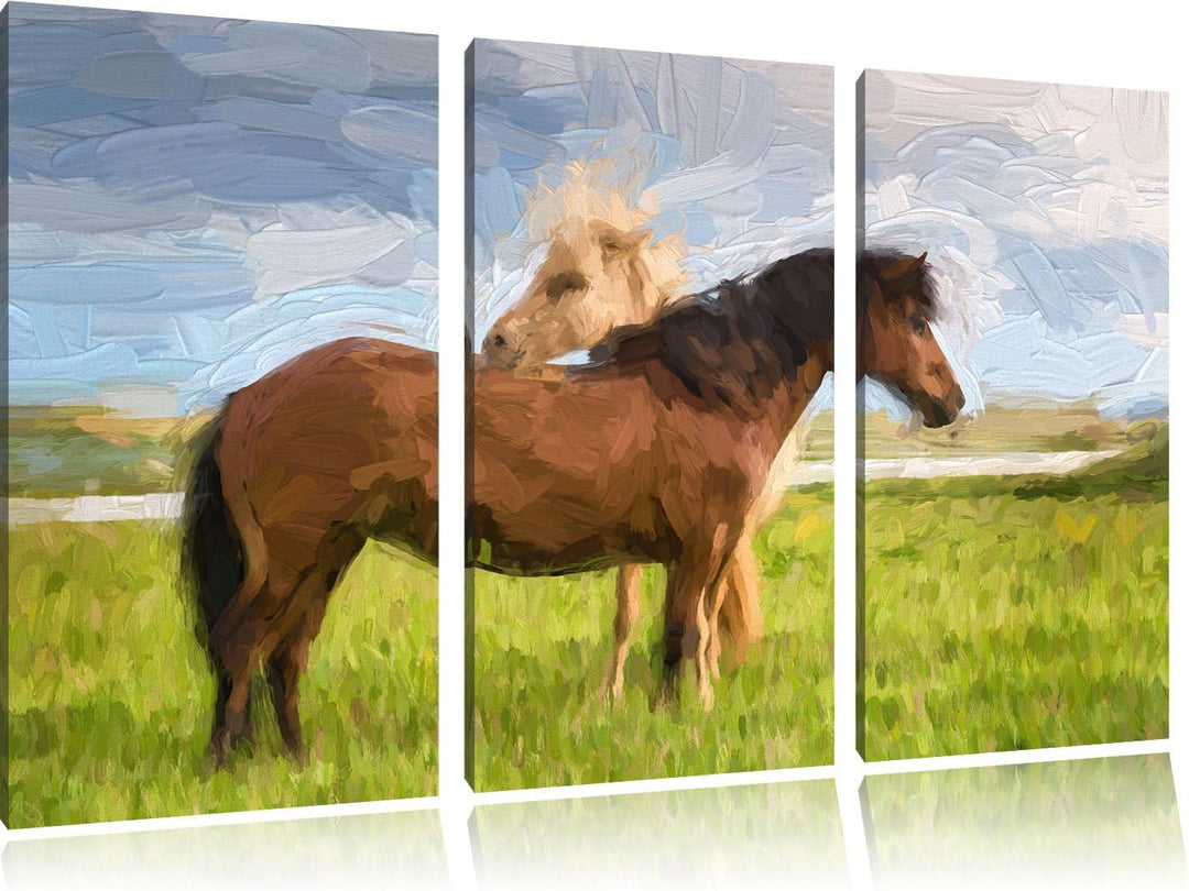 Pixxprint Zwei Pferde auf der Wiese Kunst Pinsel Effekt 3-Teiler Leinwandbild 120x80 Bild auf Leinwa