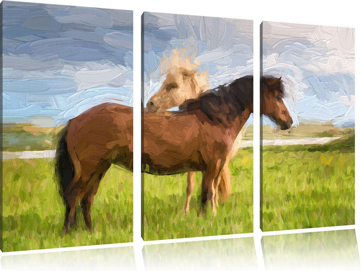 Pixxprint Zwei Pferde auf der Wiese Kunst Pinsel Effekt 3-Teiler Leinwandbild 120x80 Bild auf Leinwa
