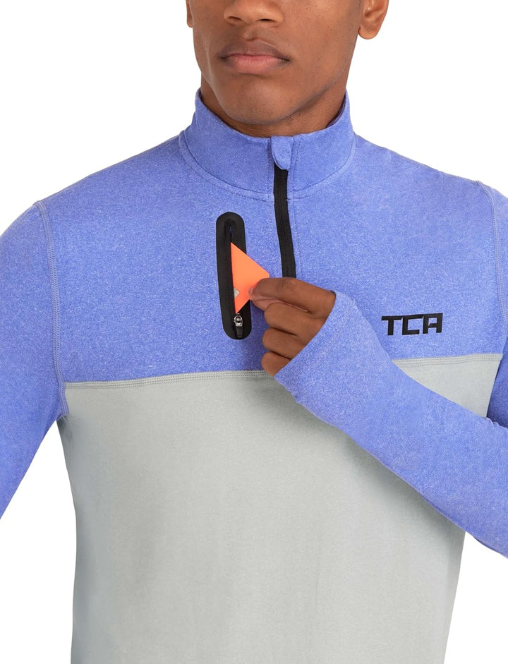 TCA Herren Fusion Pro Quickdry Langarm Lauf Shirt mit Halbem Reissverschluss Blau/Grau S, Blau/Grau