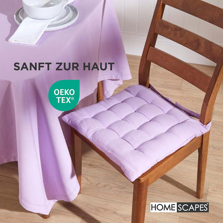 Homescapes 4er Set Stuhlkissen 40 x 40 cm, helles violett, Sitzkissen mit Bändern und Knopfverschlus