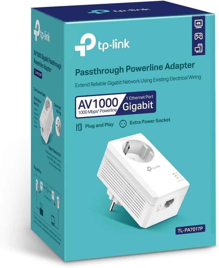 TP-Link TL-PA7017P AV1000 Gigabit Powerline Adapter mit Steckdose (1x Gigabit Port, Plug und Play, e
