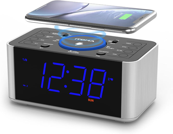 iTOMA Radiowecker Kabelloses Laden, Snooze, Digitales UKW-Radio mit Bluetooth Dual Alarm, Dimmer LED