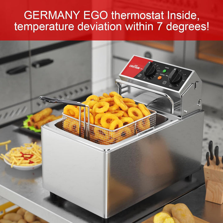 CROSSON 8L elektrische Fritteuse mit EGO-Thermostat, 30-Minuten-Timer, abnehmbarer Ölbehälter, massi