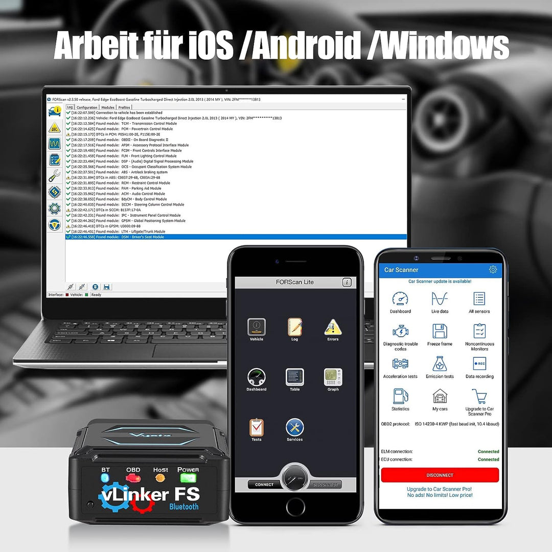 Vgate vLinker FS Bluetooth OBD2 Diagnostic Device OBD2 Bluetooth Adapter for iOS Android & Windows