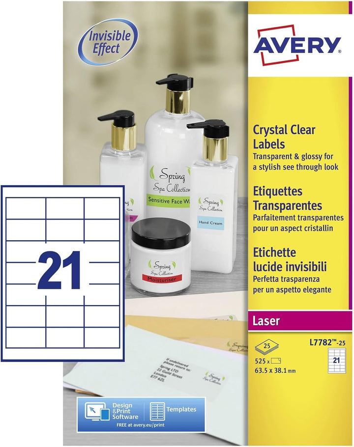 Laserbezeichnung Avery 63,5 x 38,1 mm transparent 25 Blatt 21 Etiketten pro Blatt 63,5 x 38,1 mm 525