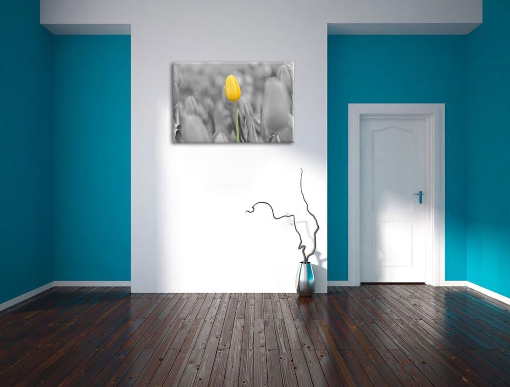 Gelbes Tulpenmeer schwarz/weiss Format: 100x70 auf Leinwand, XXL riesige Bilder fertig gerahmt mit K