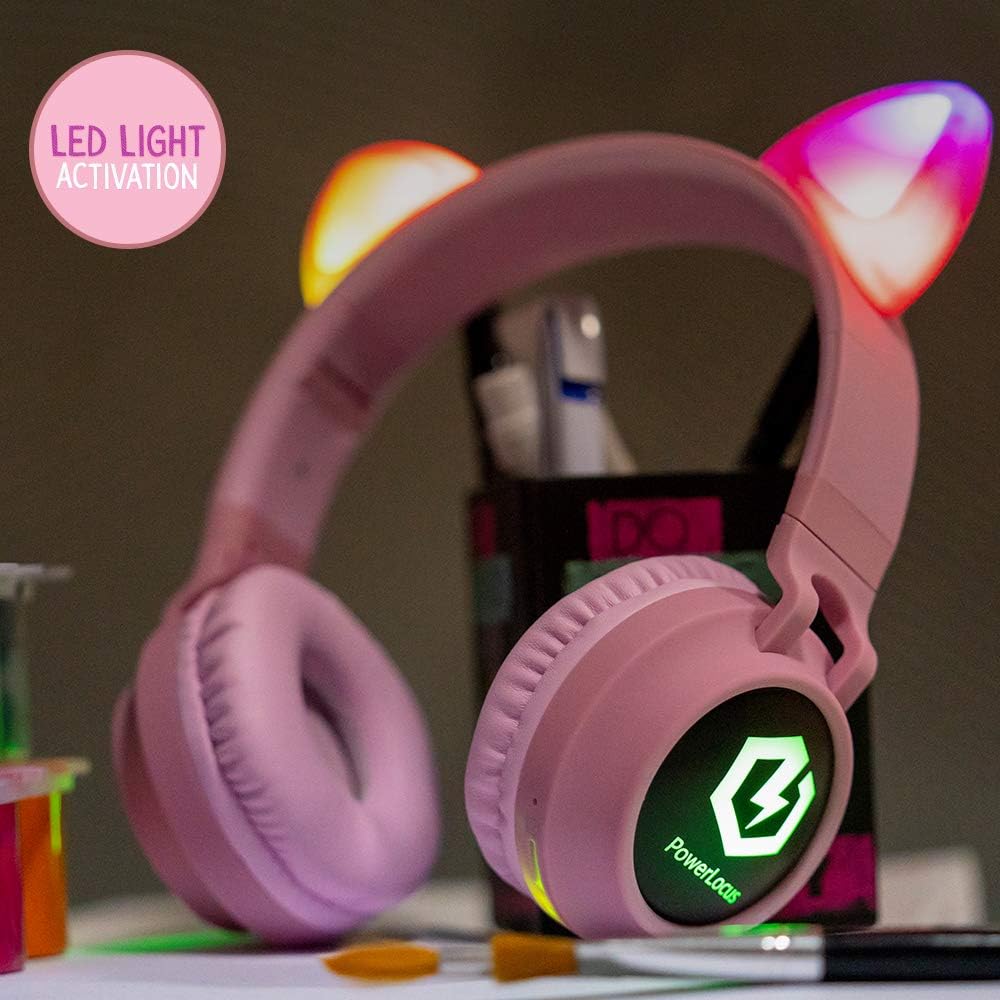 PowerLocus Bluetooth Kopfhörer Kinder, LED Katzenohren, 85dB Sichere Lautstärke, Bluetooth 5.3, Micr