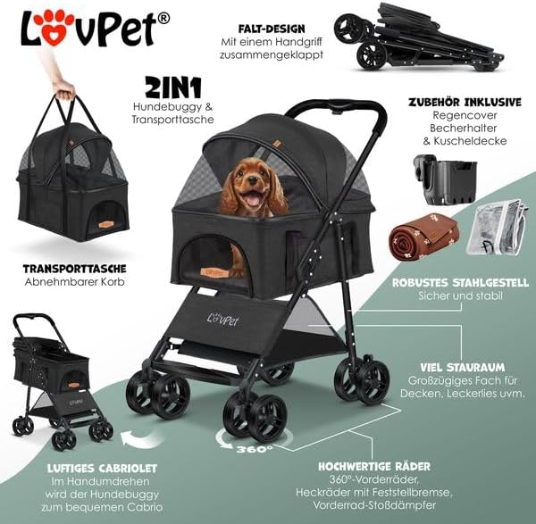 LOVPETยฎ Hundewagen 2in1 Hundebuggy Hundebox Transporttasche Faltbar klappbar bis 20kg Haustiere Bugg