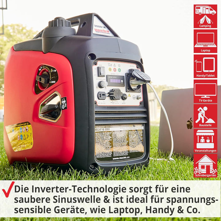 HECHT Inverter 2000 Watt Stromerzeuger Notstromaggregat – 4 Liter Benzin Tank – 6 Stunden Laufzeit –