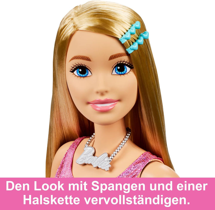 BARBIE Extragrosse Puppe (71 cm) - Pinkes Kleid, Blonde Haare mit Haarspange und Kette, Geschenk für
