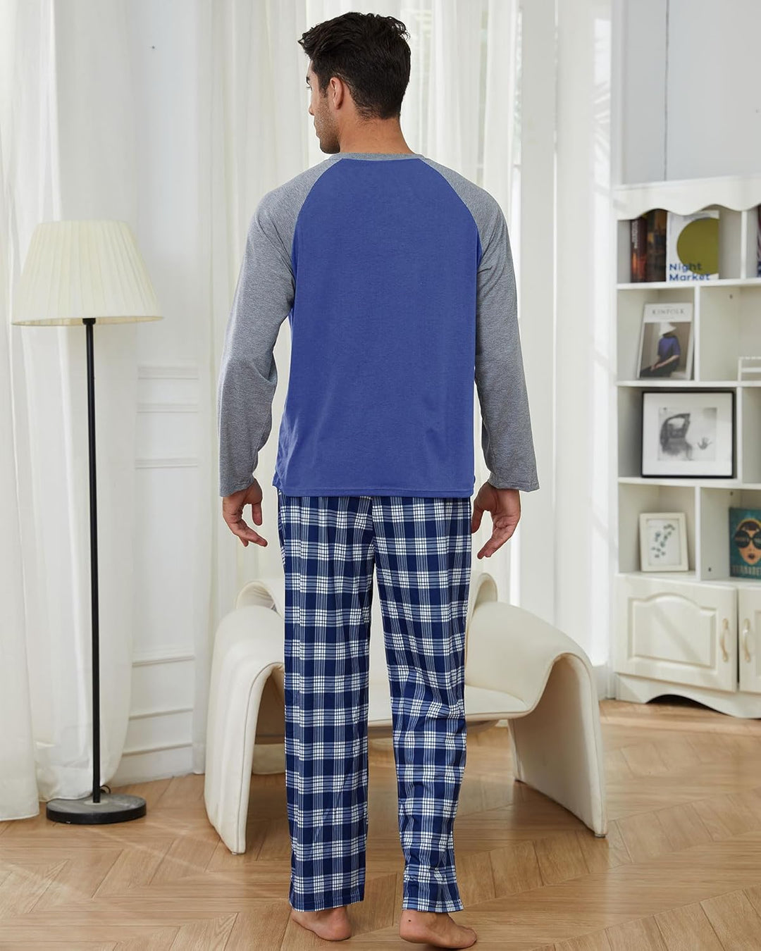 CheChury Herren Schlafanzug Lang Pyjama Rundhals Männer Langarm Oberteil und Karierte Schlafanzughos