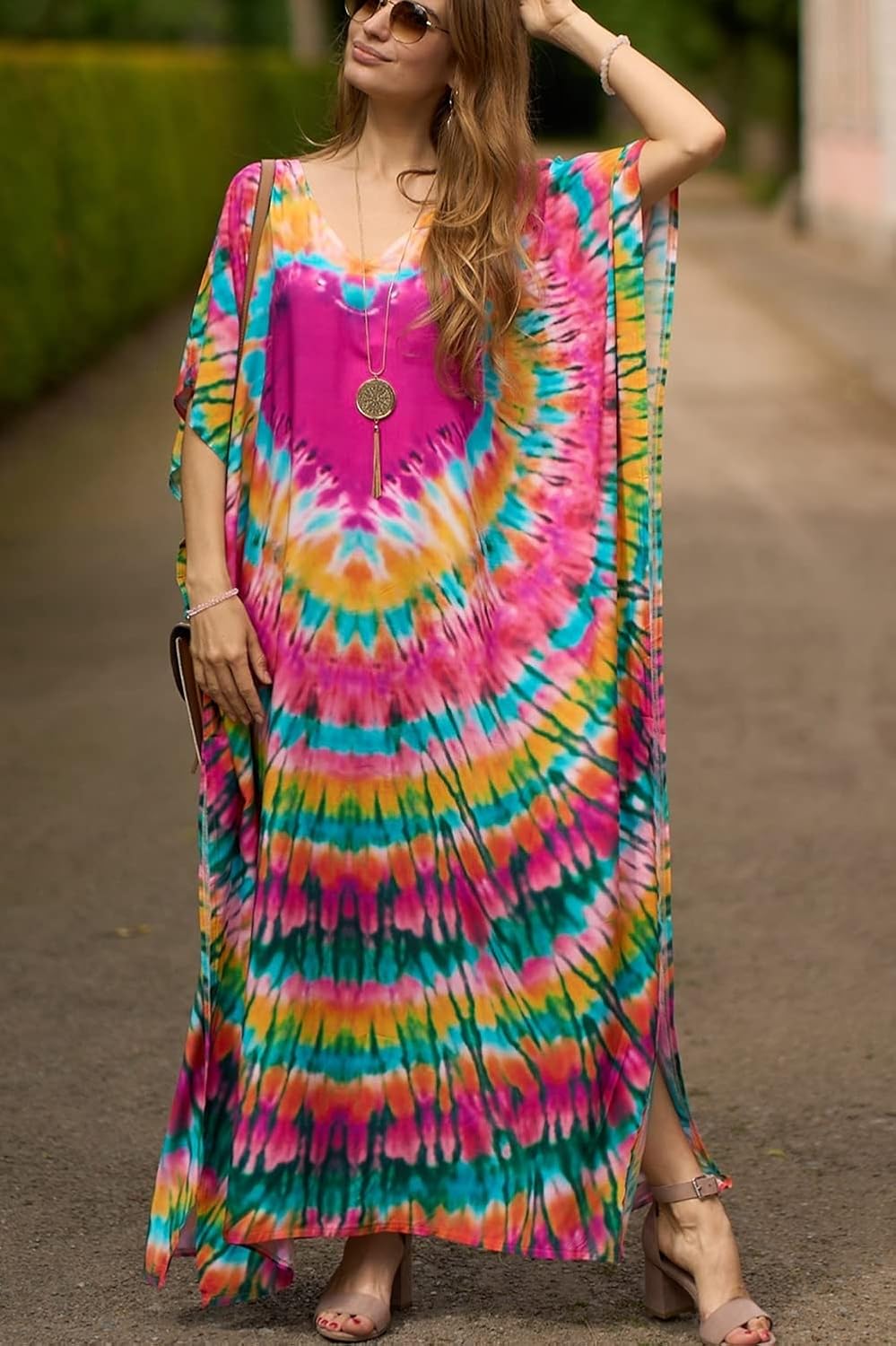 YouKD Damen Sommer Bohemian Lang Kaftan Ethnisches Muster Maxikleid Beach Bikini Cover Ups Sunblocke