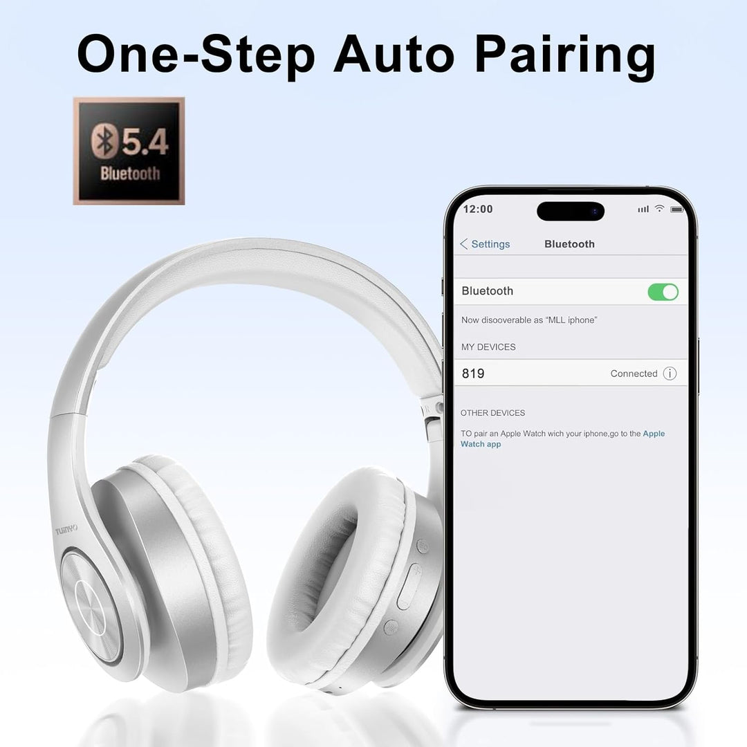TUINYO Bluetooth-Kopfhörer Over Ear Hi-Fi Stereo Headset drahtloser Kopfhörer mit tiefen Bässen, wei
