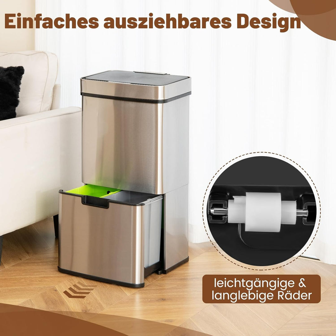 COSTWAY 72L Mülleimer 4 Fächer, elektrischer Abfalleimer mit Sensor, Mülltrennsystem 2 x 11L + 3,5L