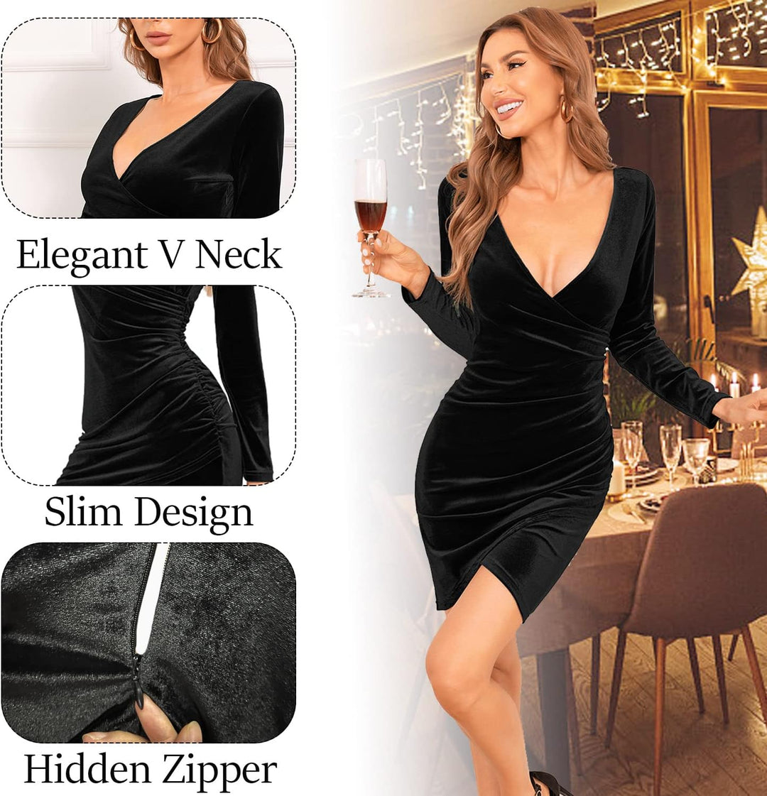 CheChury Damen Winterkleid Festlich Kleid Samtkleid Lange Ärmel Wickelkleid Bodycon Kurzes V Ausschn