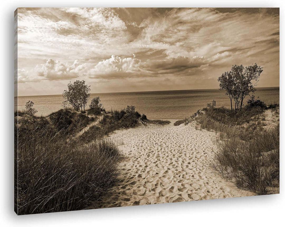 deyoli Strand mit klarem Wasser Format: 80x60 Effekt: Sepia als Leinwand, Motiv fertig gerahmt auf E