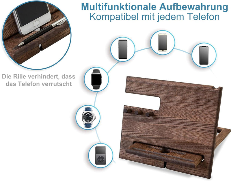 TESLYAR Schreibtisch Organizer Holz Eschenholz Wenge - Handy Ständer & Schlüssel Organizer mit 3 Hak