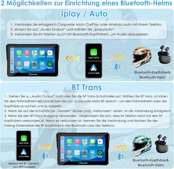 Carpuride W702B Motorrad GPS Carplay Bildschirm mit Design Halterung für BMW Motorräder, Kabelloses