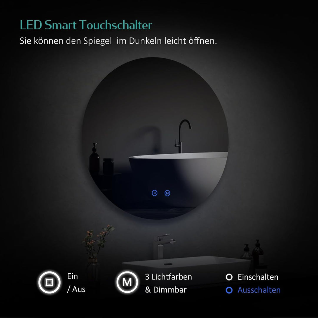 EMKE Badspiegel mit Beleuchtung Rund 80cm Badezimmerspiegel mit 3 Lichtfarbe dimmbar, Touch, Speiche