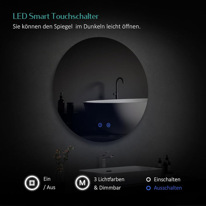 EMKE Badspiegel mit Beleuchtung Rund 80cm Badezimmerspiegel mit 3 Lichtfarbe dimmbar, Touch, Speiche