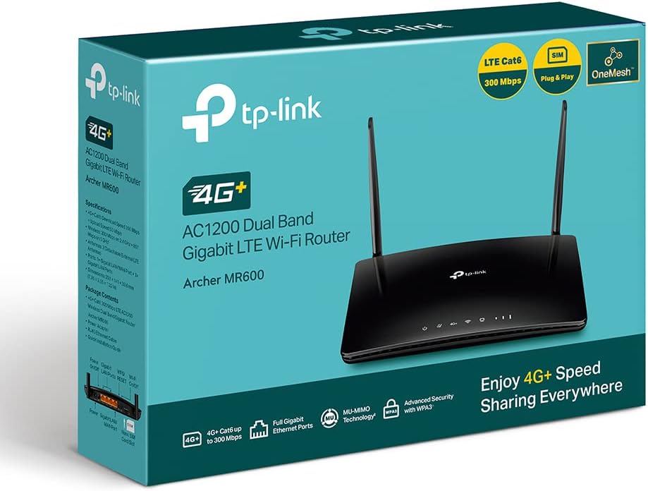 TP-Link Box, Router 4G+ LTE Cat.6 300 Mbit/s WLAN AC 1200 Mbit/s, 2 x SMA für externe Antenne, 4 RJ4