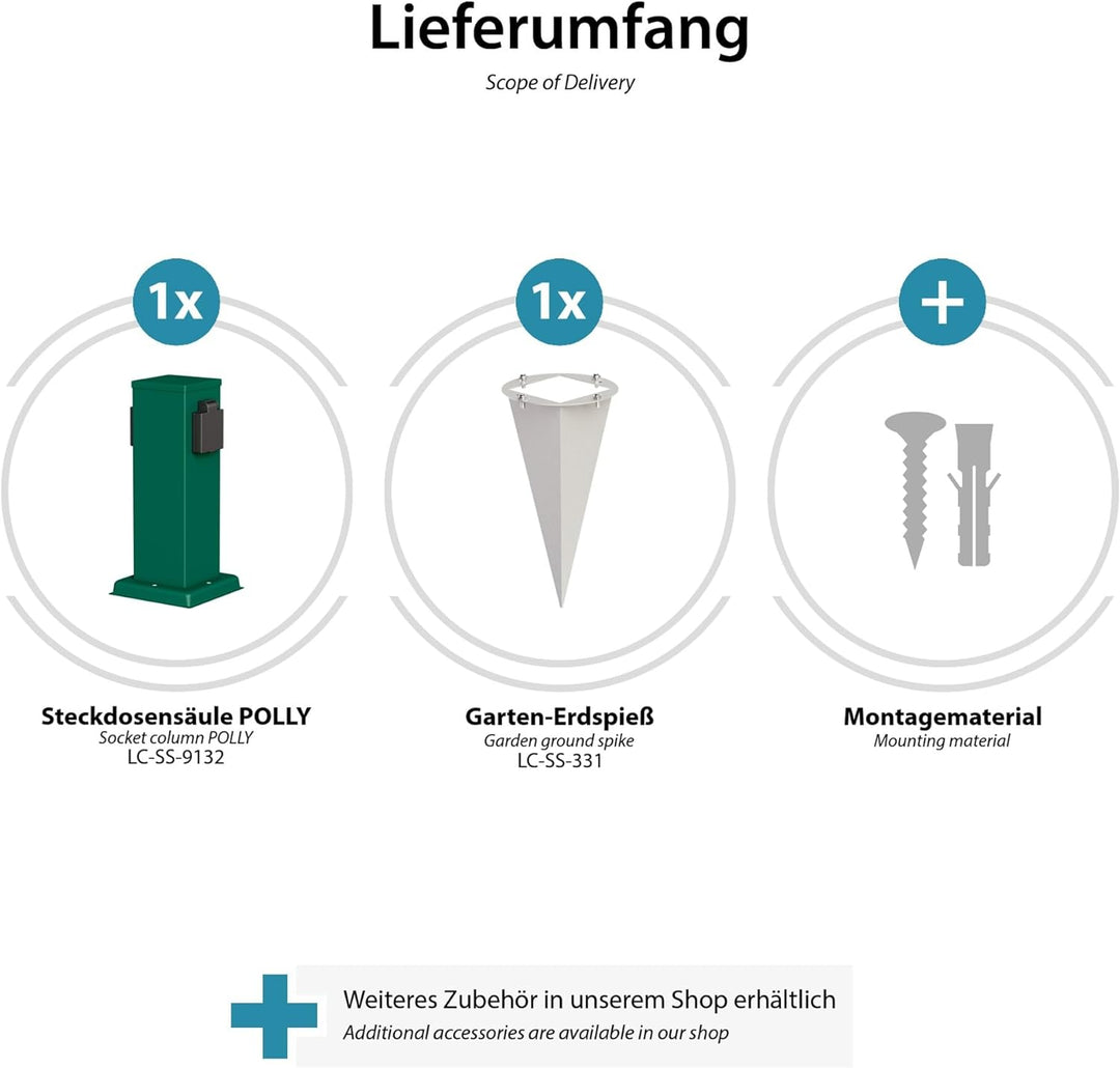 ledscom.de 2X Garten-Steckdosen-Säule Polly mit Erdspiess für aussen, IP44, 2-Fach, grün, eckig, 27c
