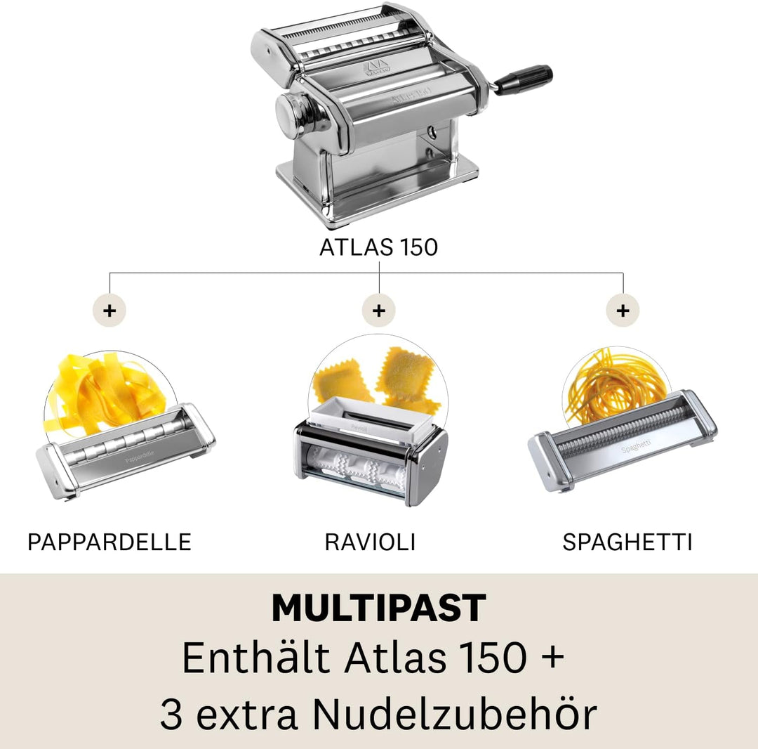 Marcato Multipast, Pastamaschinen-Set, verchromter Stahl, verschiedene Nudelformate, 20 x 20 x 15 cm