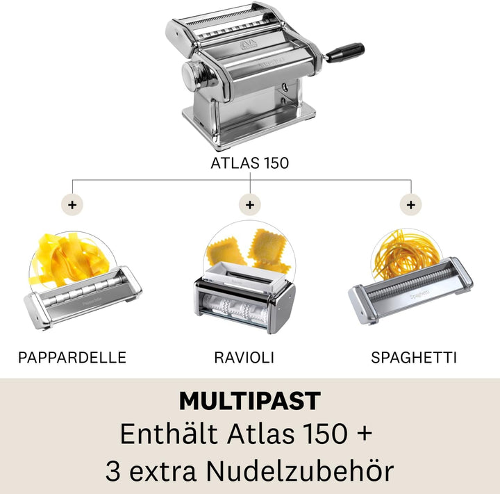 Marcato Multipast, Pastamaschinen-Set, verchromter Stahl, verschiedene Nudelformate, 20 x 20 x 15 cm