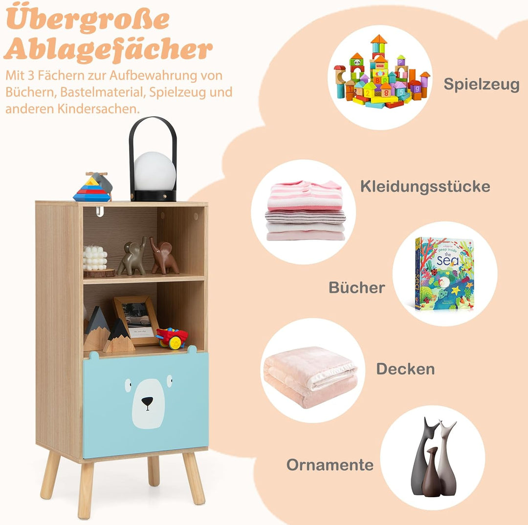 COSTWAY Bßcherregal Kinder mit 3 Ebenen, Kinderregal Holz mit Schublade & 2 offenen Fächer, Spielzeu