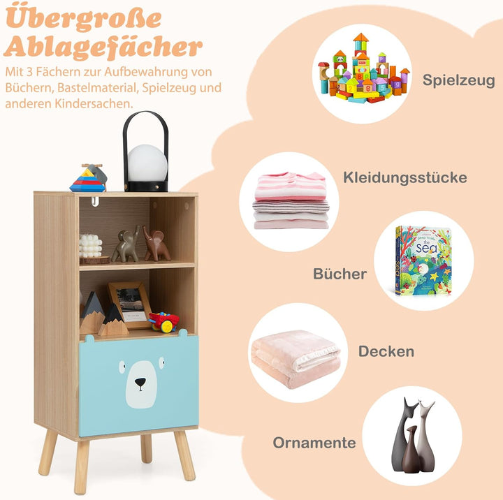 COSTWAY Bßcherregal Kinder mit 3 Ebenen, Kinderregal Holz mit Schublade & 2 offenen Fächer, Spielzeu