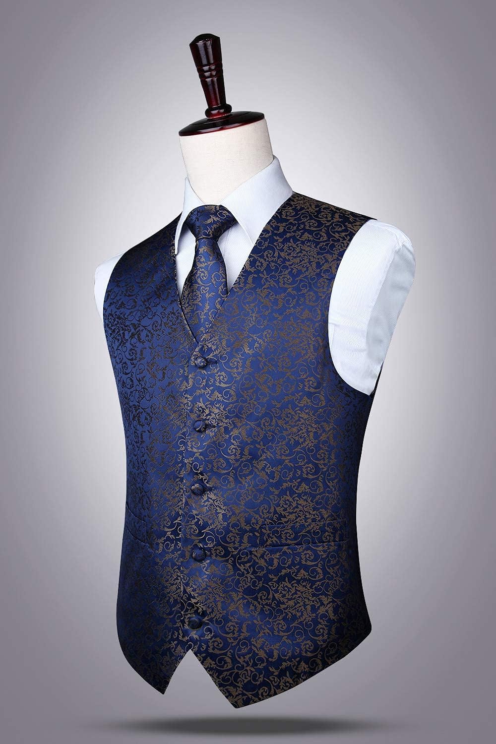 HISDERN Herren Weste Paisley Floral Jacquard Krawatte Einstecktuch Taschentuch Weste Anzug Set M Nav
