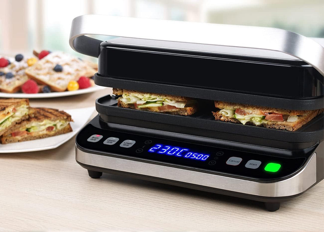 Rosenstein & Söhne Grill: Digitaler Panini-, Sandwich- & Kontaktgrill, Timer & Memory, 2.000 W (Kont