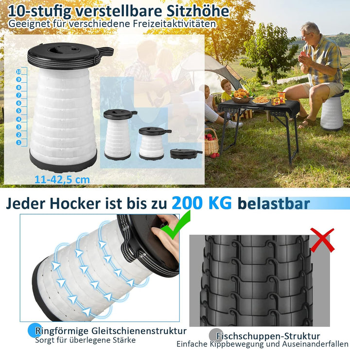 COSTWAY Tragbarer Klapptisch mit 2 LED Teleskophockern, Campingtisch und höhenverstellbarer Hocker,