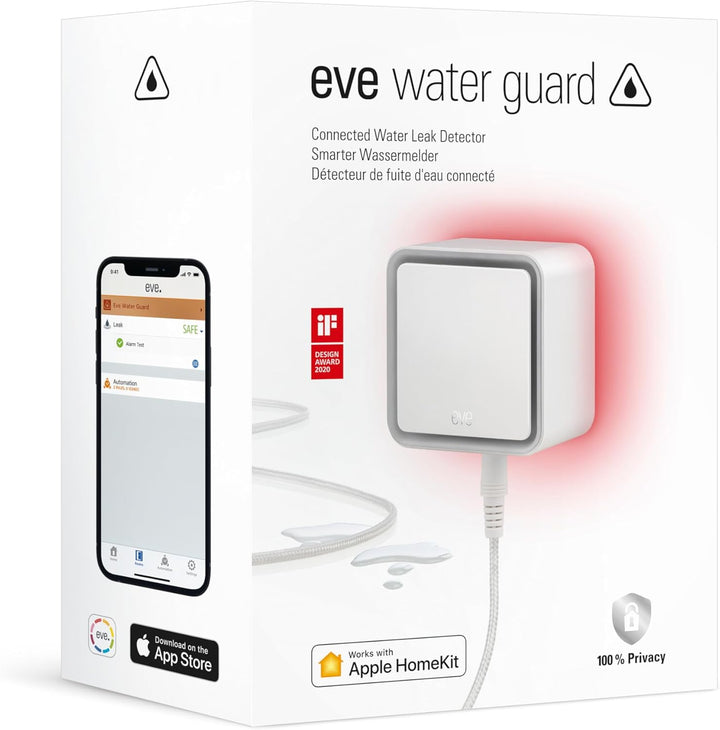 Eve Water Guard - Smarter Wassermelder, 2m Sensorkabel (verlängerbar), 100dB, Wasseralarm auf iPhone