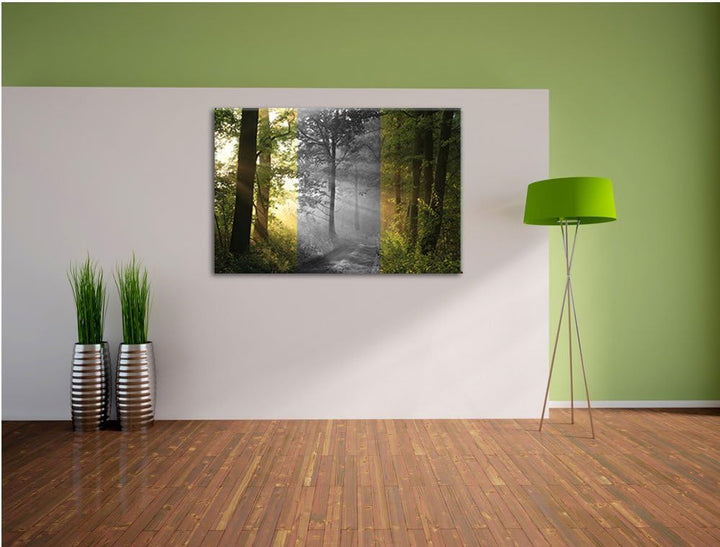 Ruhiger Waldweg im Grünen schwarz/weiss Format: 100x70 auf Leinwand, XXL riesige Bilder fertig gerah