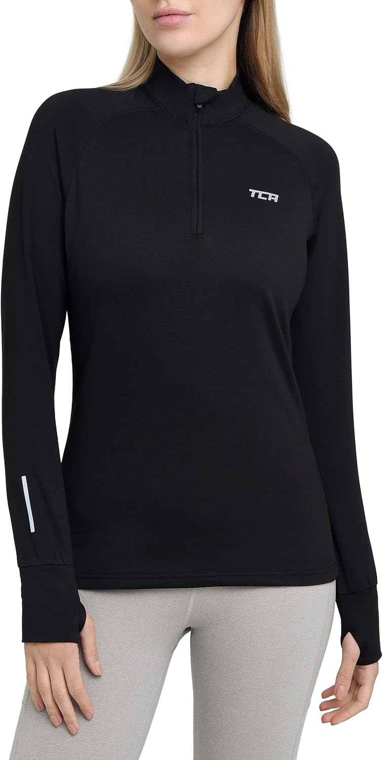 TCA Damen Winter Running Langarm Laufshirt mit Brustreissverschluss S Schwarz, S Schwarz