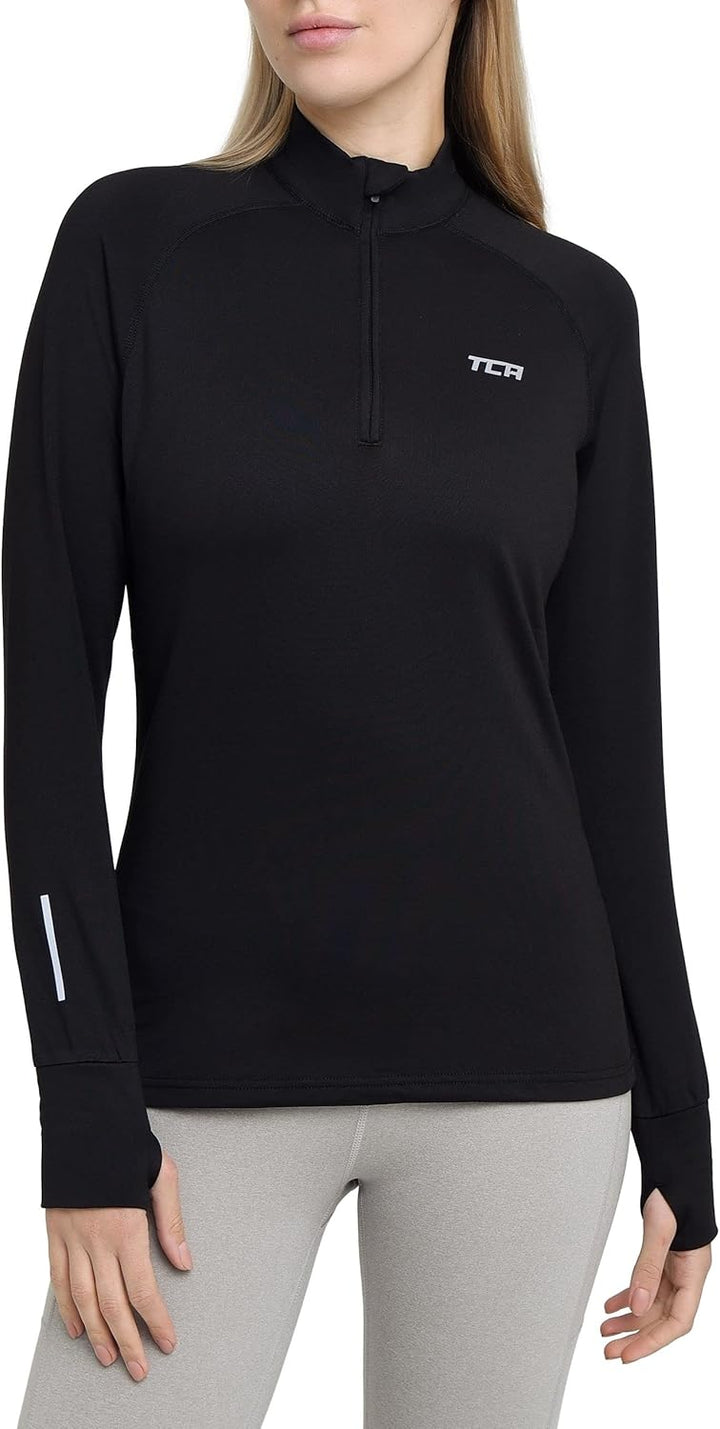 TCA Damen Winter Running Langarm Laufshirt mit Brustreissverschluss S Schwarz, S Schwarz
