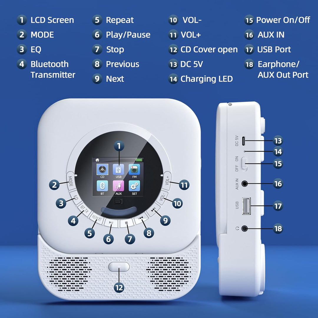 Arafuna Tragbarer CD-Player mit Bluetooth-Empfänger und Sender, tragbarer CD-Player mit HiFi-Lautspr